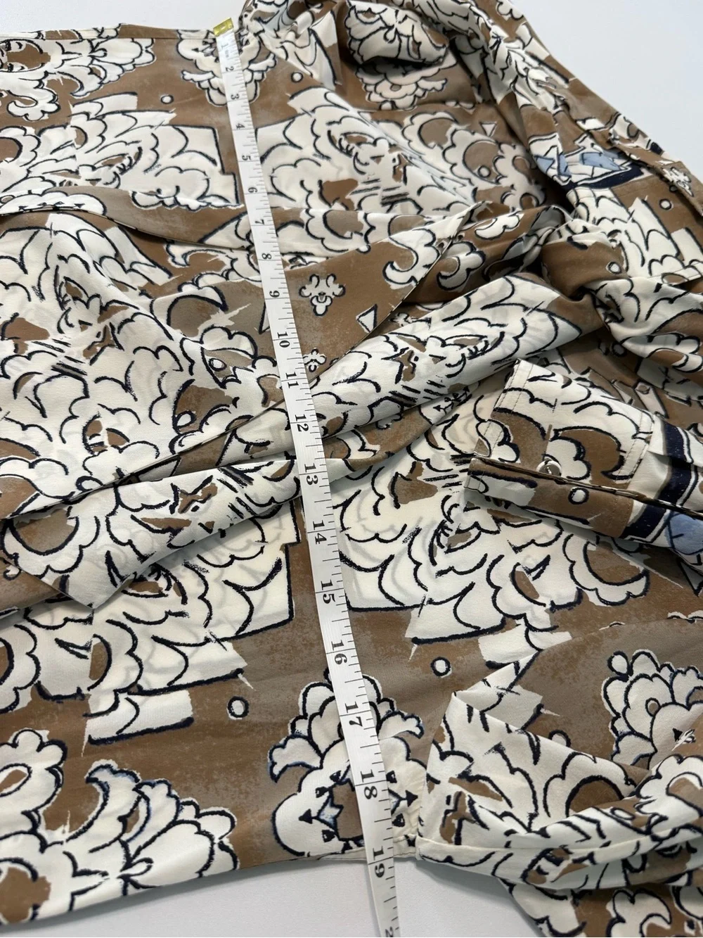 Tory Burch Silk Tie Neck Button Down Floral Tunic Blouse Taupe Cream Size 4